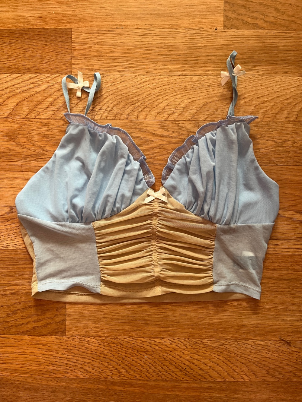 SHEIN Blue and Tan Ruched Bralette with Bow Accent